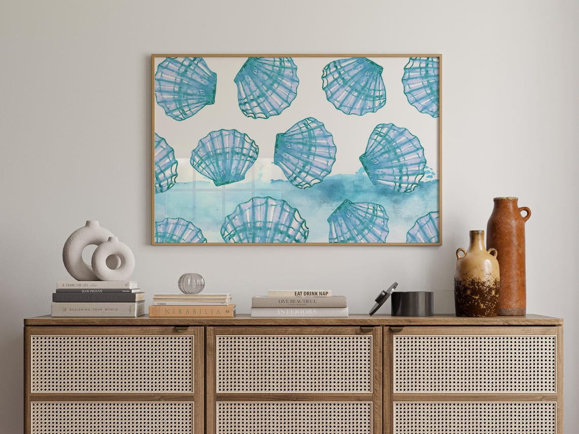 Shell For Wall Sea Shell Watercolor Wall Art Print - Pattern Scallop Shells In Blue ...