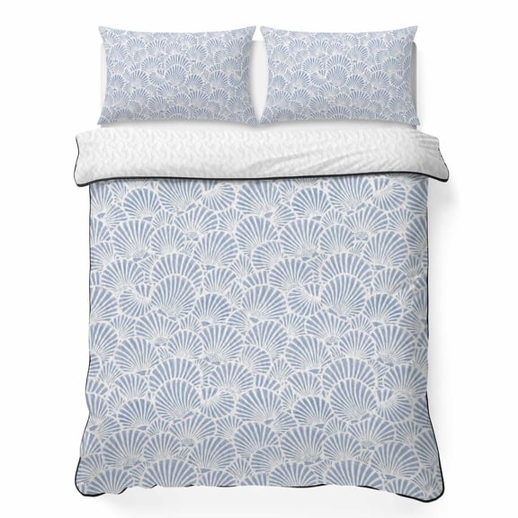 Sea Shells 3 Piece Quilt Bedding Set with 2 Pillow Shams, Coastal Modern Minimalist Ocean Blue Scallop Shell Lightweight Bedspread Coverlet, Soft Breathable All Season Quilt, 68 x 98 Inch