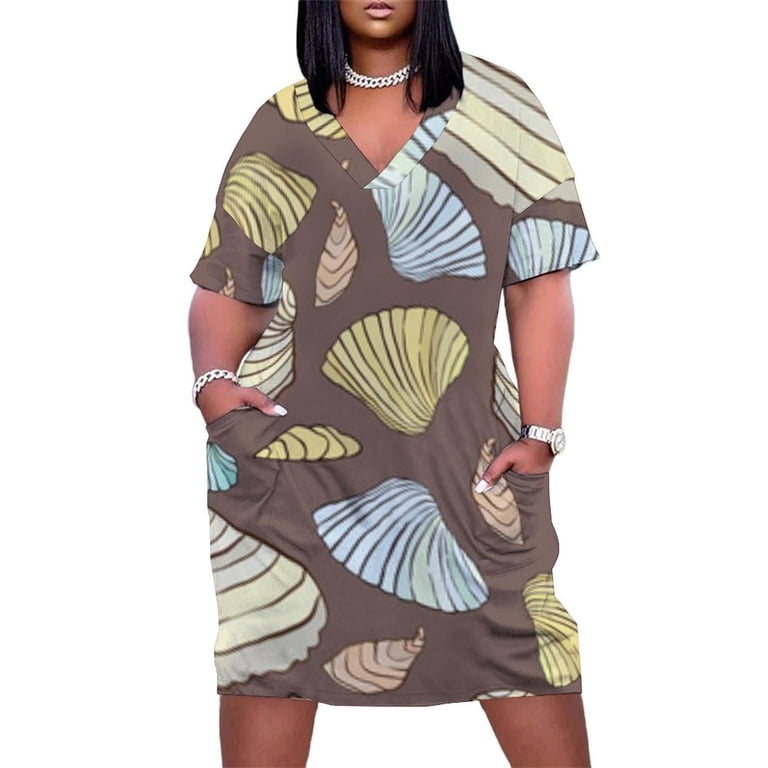 Sea Shells Brown Background Pattern Women's Loose Short Sleeve Dress Casual  Summer Plus Size Long Dresses with Pockets - Walmart.com