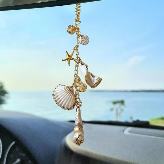 Sea Shells Car Decor,Cute Coastal Hanging Charm for Rear View Mirror, Boho Beach Themed Car Accessories,Hand-Made Starfish Conchas Aesthetic Ornament Pendant for Women,2-Pack