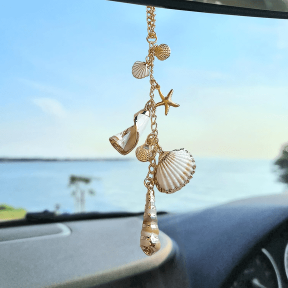 Sea Shells Car Decor,Cute Coastal Hanging Charm for Rear View Mirror, Boho Beach Themed Car Accessories,Hand-Made Starfish Conchas Aesthetic Ornament Pendant for Women