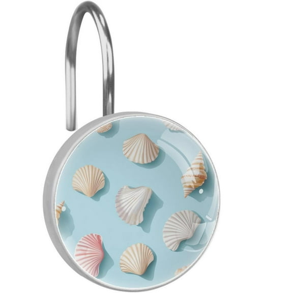 Sea Shells Conch on Blue Shower Curtain Hooks Round Crystal Glass, Set of 12 Shower Curtain Rings - Shower Hooks for Curtain Shower Rings