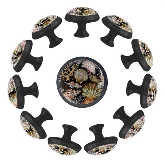 Sea Shells and Corals Pattern 35MM Round Glass Cabinet Knobs, Kitchen Knobs for Drawer Dresser Cupboard Wardrobe Modern Pulls Handles Hardware, Set of 12