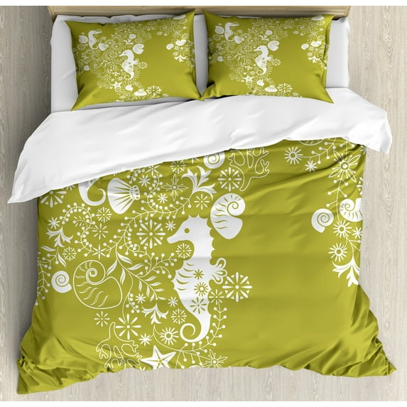 Sea Shells Duvet Cover Set Queen Size, Abstract Swirl and Floral Elements Seahorse Silhouette Pattern Tropical Animal, Decorative 3 Piece Bedding Set with 2 Pillow Shams, Alpine White, by Ambesonne