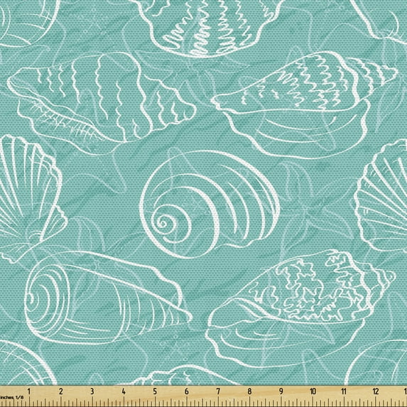 Ambesonne Sea Shells Fabric by the Yard Upholstery, Doodle Marine Lines, 10 Yards, Seafoam White