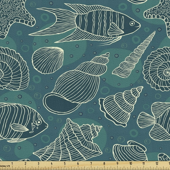 Ambesonne Sea Shells Fabric by the Yard Upholstery, Ocean Line Design, 10 Yards, Petrol Blue Teal Beige