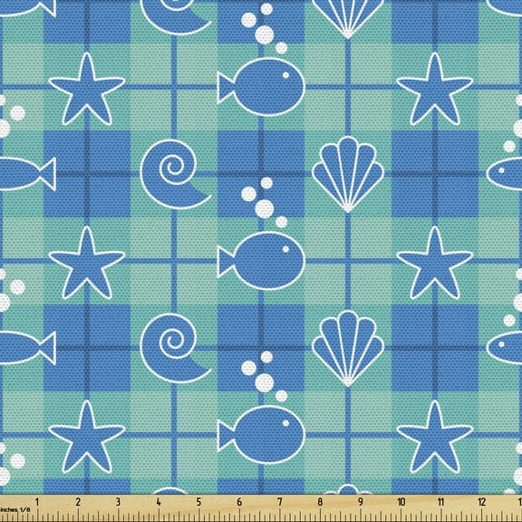 Ambesonne Sea Shells Fabric by the Yard Upholstery, Plaid Pattern Marine, 10 Yards, Mint Green Blue White