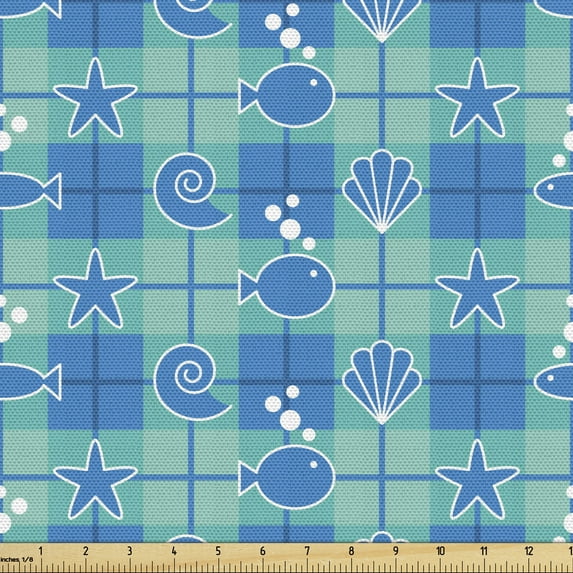Ambesonne Sea Shells Fabric by the Yard Upholstery, Plaid Pattern Marine, 3 Yards, Mint Green Blue White