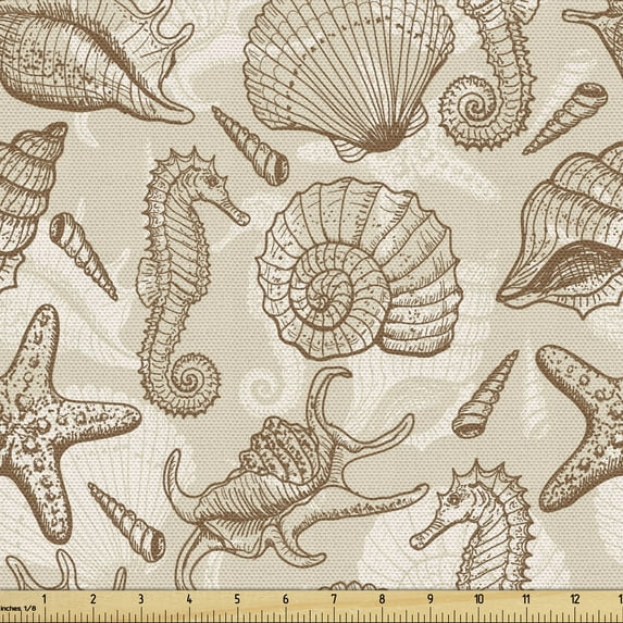 Sea Shells Fabric by the Yard, Vintage Inspired Monochrome Seashell Pattern Ocean Elements Wildlife Hand Drawn, Decorative Upholstery Fabric for Sofas and Home Accents, 2 Yards, Tan Brown by Ambesonne