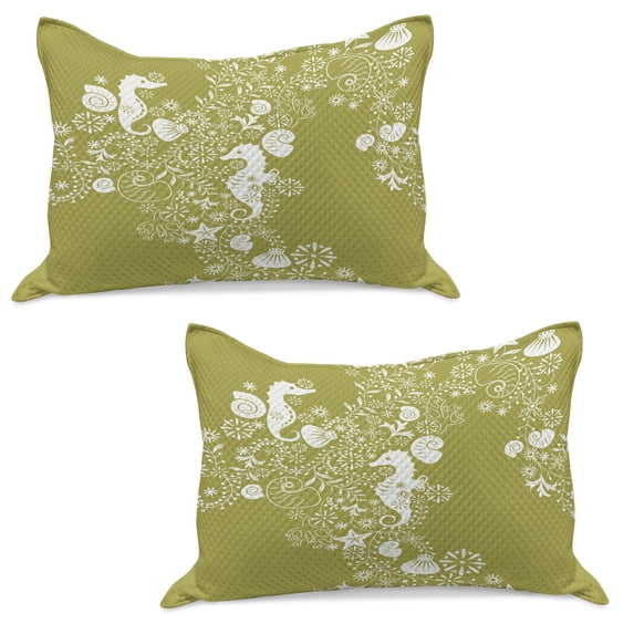 Sea Shells Knitted Quilt Pillowcover Set of 2, Abstract Swirl and Floral Elements Seahorse Silhouette Pattern Tropical, Standard Queen Pillow Sham Bedroom, 30" x 20", Yellow Green White, by Ambesonne