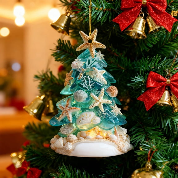 Sea Shells Sea Star Christmas Tree Handmade Crafts Tabletop Shells Christmas Tree with LED Light, for Christmas & Beach Decoration, Party Birthday Gift, Home Decor, Figurines Christmas Tree(1PC)