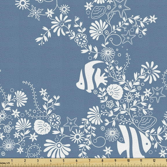 Ambesonne Sea Shells Fabric by the Yard Upholstery, Flowers and Fishes, 1 Yard, Blue White