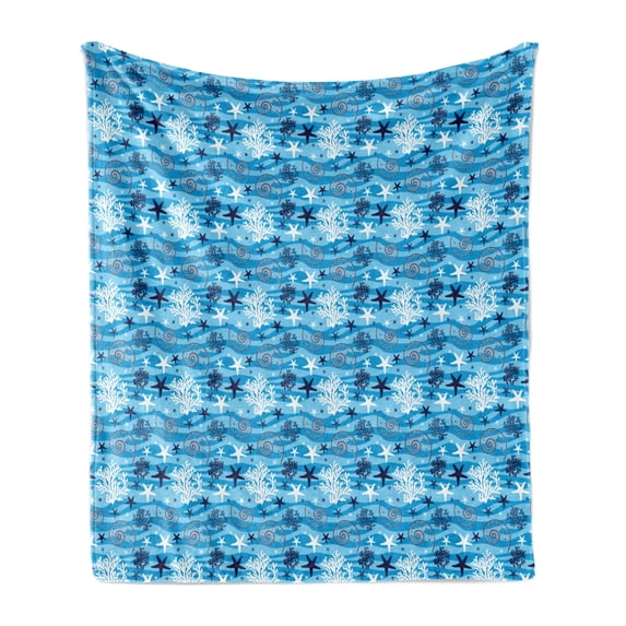 Sea Shells Soft Flannel Fleece Blanket, Abstract Horizontal Wavy Lines with Starfish Silhouettes and Scallops, Cozy Plush for Indoor and Outdoor Use, 50" x 70", Blue Dark Blue White, by Ambesonne
