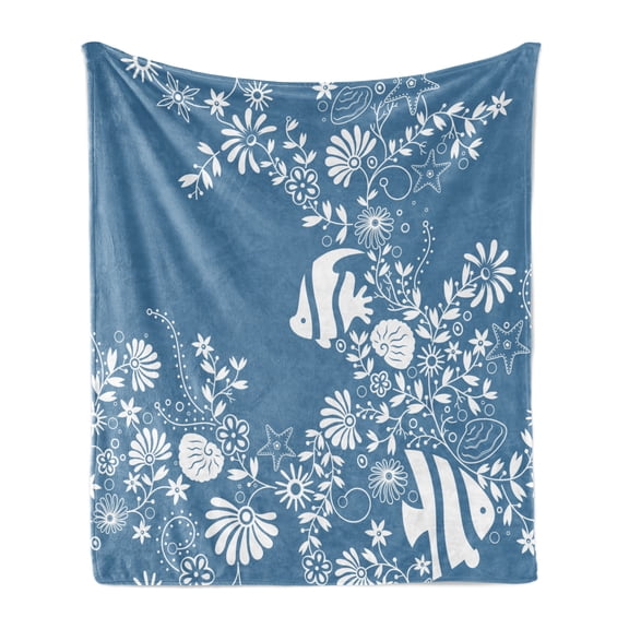 Sea Shells Soft Flannel Fleece Blanket, Floral Arrangement with Fishes Abstract Marine and Natural Elements Illustration, Cozy Plush for Indoor and Outdoor Use, 70" x 90", Blue White, by Ambesonne
