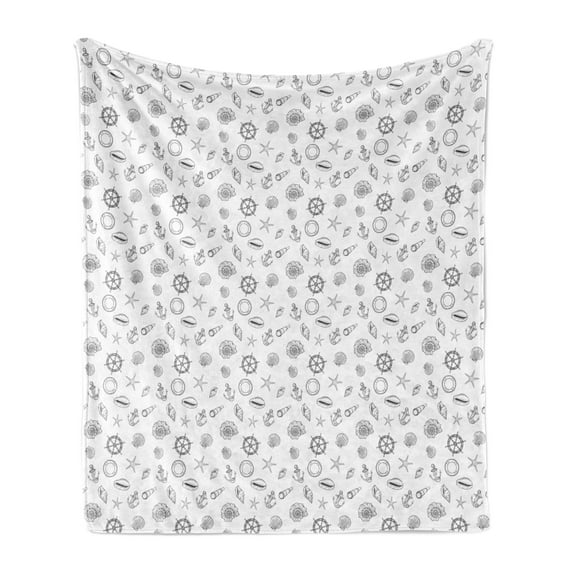Sea Shells Soft Flannel Fleece Blanket, Hand Drawn Monochrome Nautical Elements Helm Anchor Starfish Design, Cozy Plush for Indoor and Outdoor Use, 50" x 70", White and Charcoal Grey, by Ambesonne