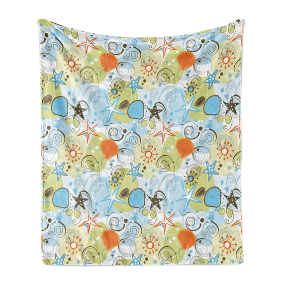 Sea Shells Soft Flannel Fleece Blanket, Retro Inspirations Abstract Illustration Beach Elements Pattern Stars and Hearts, Cozy Plush for Indoor and Outdoor Use, 60" x 80", Multicolor, by Ambesonne