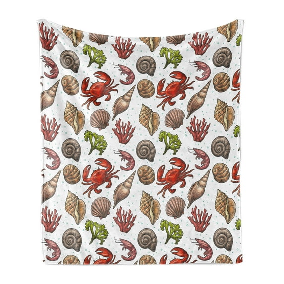 Sea Shells Soft Flannel Fleece Throw Blanket, Maritime Pattern Shrimp Crab and Coral Design Marine Elements Vintage Summer, Cozy Plush for Indoor and Outdoor Use, 70" x 90", Multicolor, by Ambesonne