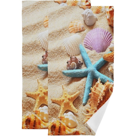 Sea Shells Starfishes Hand Towels 2 PCS, Summer Sand Beach Kitchen Towel Ultra Soft and Highly Absorbent,Decorative Fingertip Face Towel for Bathroom Hotel, 28.3"x14.4"
