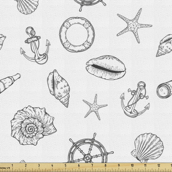 Ambesonne Sea Shells Fabric by the Yard Upholstery, Nautical Pattern, 1 Yard, White and Charcoal Grey