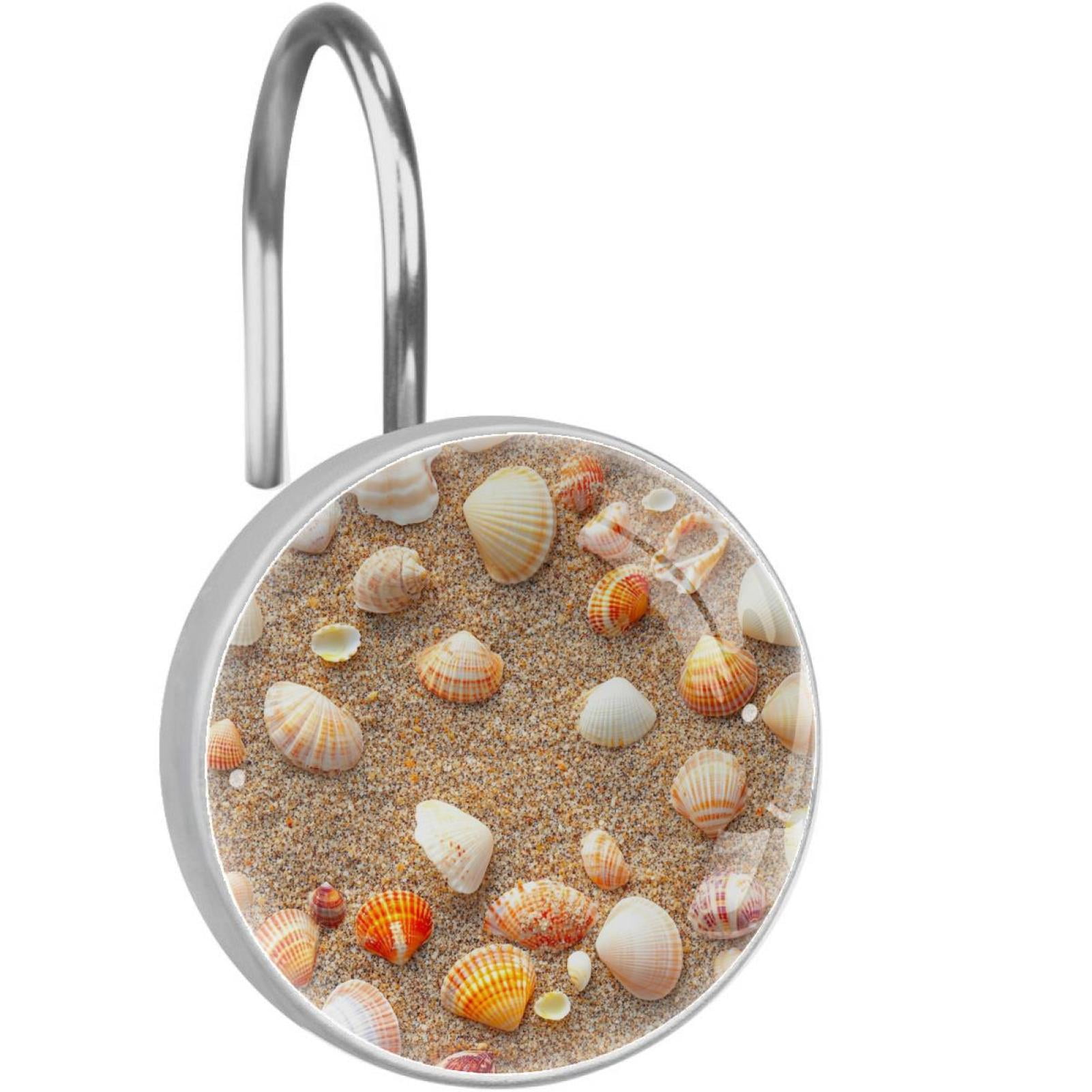 Sea Shells on Beach Sand Shower Curtain Hooks Round Crystal Glass, Set of 12 Shower Curtain Rings - Shower Hooks for Curtain Shower Rings