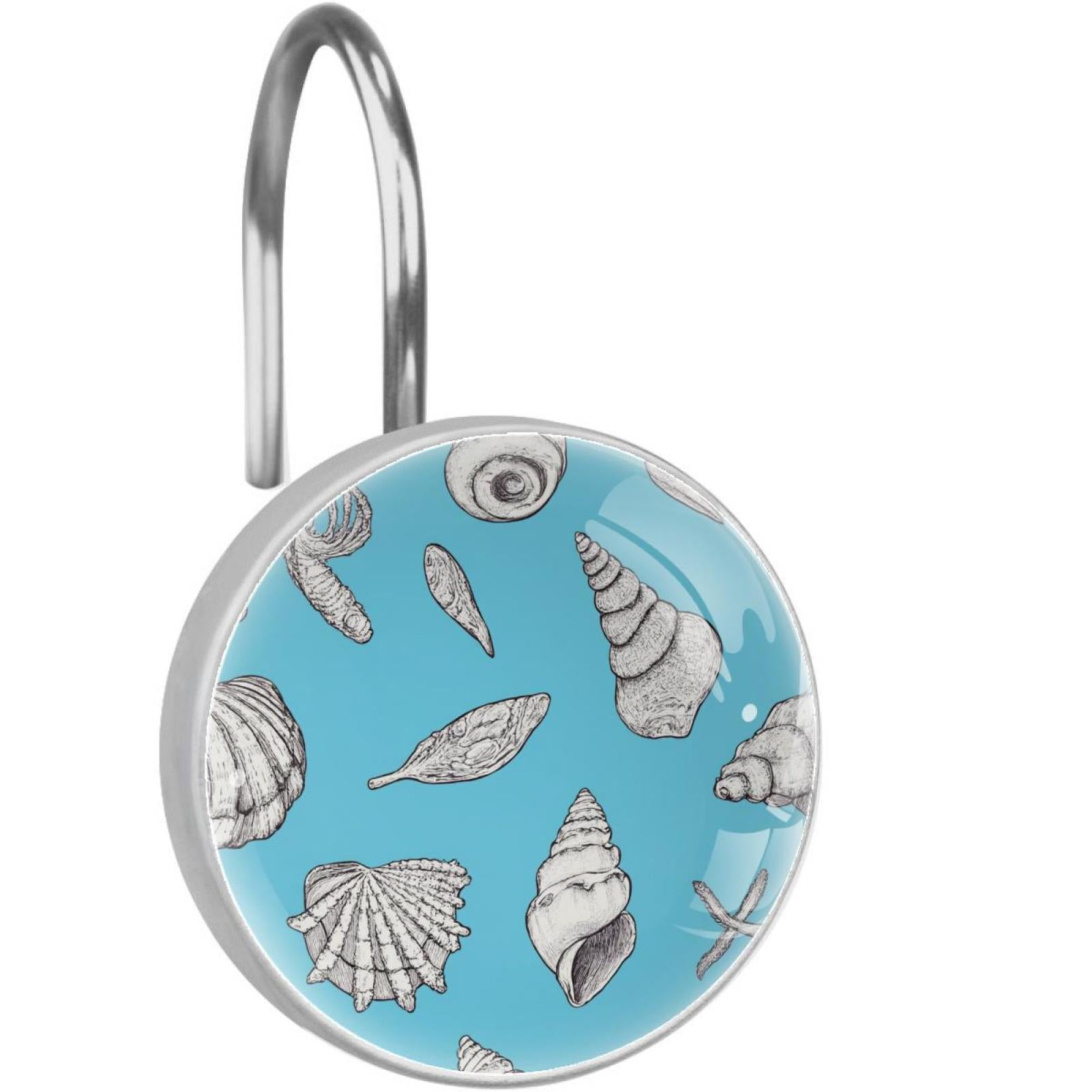 Sea Shells on Marine Blue Shower Curtain Hooks Round Crystal Glass, Set of 12 Shower Curtain Rings - Shower Hooks for Curtain Shower Rings