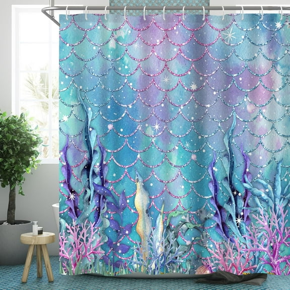 Under The Sea Shower Curtain Ocean Summer Underwater Mermaid Scales Purple and Blue Curtains Shell Pearl Submarine Coral Waterproof Curtain for Bathroom 12 Hooks 72"x72" Shower Curtain Sets