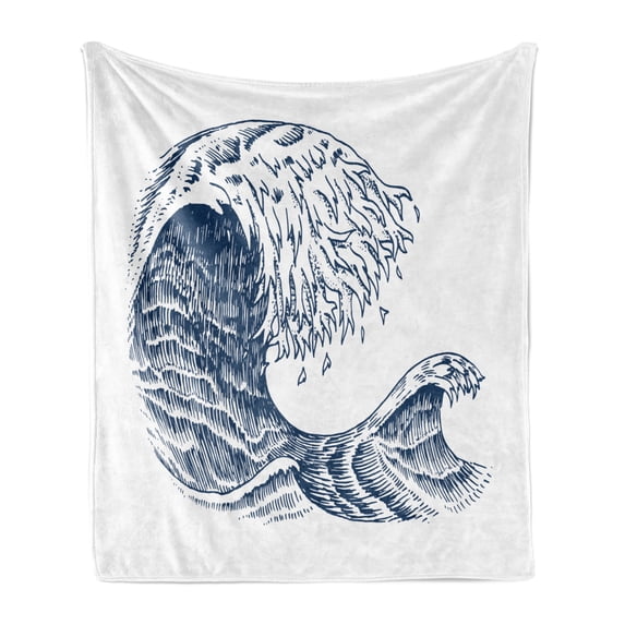 Sea Soft Flannel Fleece Blanket, Hokusai Inspired Atlantic Ocean Wave Colored Marine Hand Drawn Sketch Plain Background, Cozy Plush for Indoor and Outdoor Use, 50" x 60", Night Blue, by Ambesonne