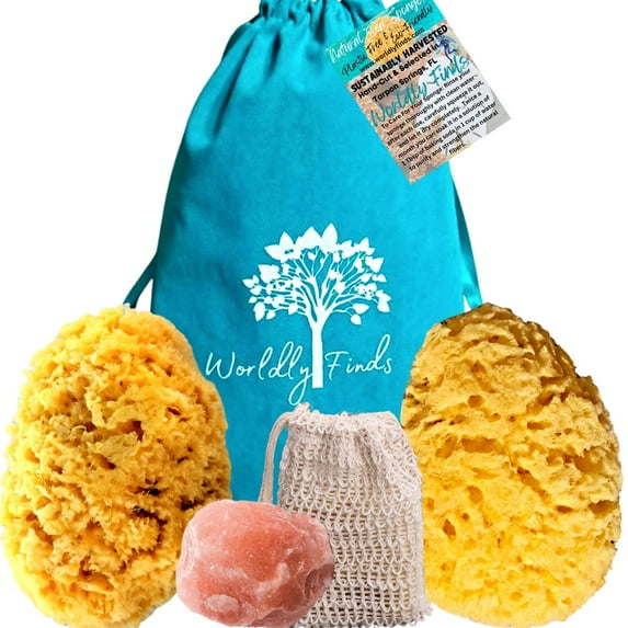 Sea Sponge 5” Natural Bath Sponge Set, Sea Sponges - Organic Natual Loofah Sponge - Sustainably Hand-Cut, Large Himalayan Salt Chunk, Soap Saver Bag, Zero Waste Gift Set (Natural Sponge - 2