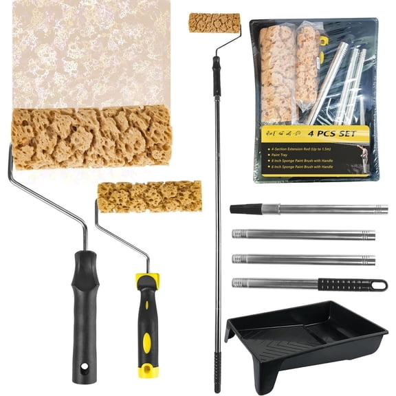 Sea Sponge Texture Roller for Painting, 6+8"Sponge Roller+ 4FT Pole