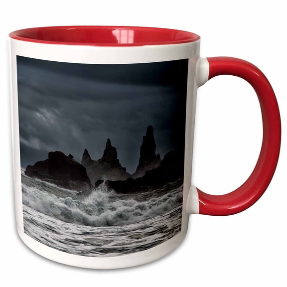 3drose, Sea Stacks and Rough Seas, Iceland, 11oz Two-tone Red Mug