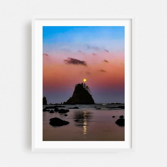 Sea Stacks at Sunset - Forks Washington Photography Seascape Moon Sunset Nature Scenic Silhouette Ocean White Framed Wall Art Print 5 x 7 inches