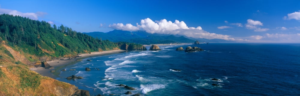 Sea Stacks rock formations Cannon Beach Oregon Canvas Art - Panoramic Images (27 x 9)