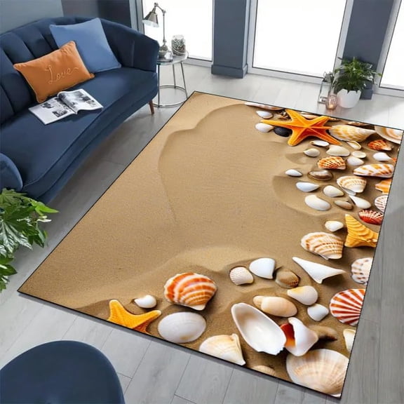 Sea Star Shell Beach Ocean Rug, 4x6ft,Non-Slip Non-Shedding Wave Rug, 3D Living Room Bedroom Coastal Rugs, Machine Washable Nautical Area Rug, for Teenagers Boys and Girls Ocean Carpet