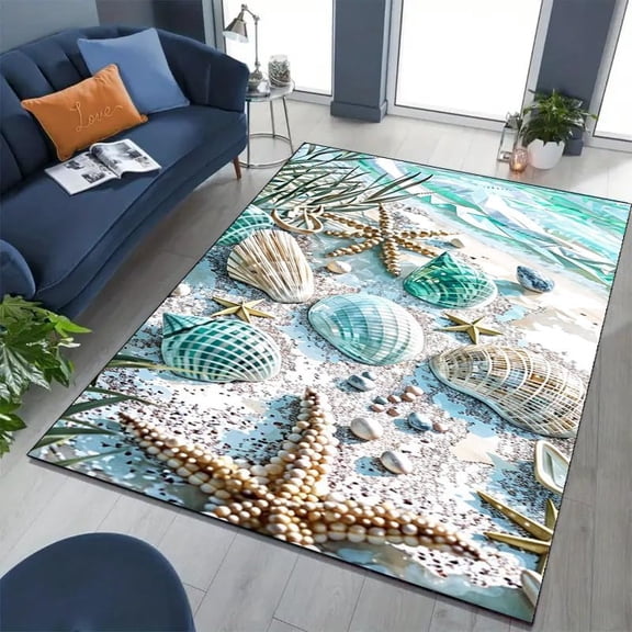 Sea Star Shell Ocean Rug, 3x5ft,3D Diamond Non-Shedding Wave Rug, Living Room Bedroom Blue Beachy Coastal Rugs, Machine Washable Nautical Area Rug, for Teenagers Boys and Girls Ocean Carpet