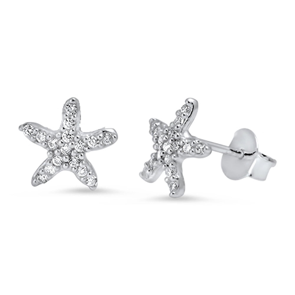 Sea Star Tiny Studded Starfish Beach Clear CZ .925 Sterling Silver Earrings Jewelry Female