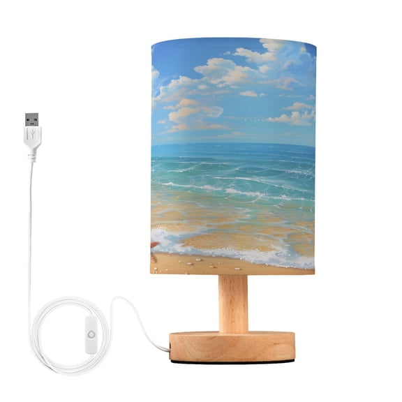 Sea Star on Beach Landscape Bedside Table Lamp Desk Warm Lights with USB Charging Port Cylinder LED Lamps for Bedroom Living Room Office