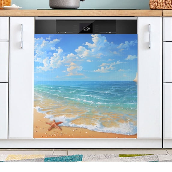 Sea Star on Beach Landscape Dishwasher Magnetic Refrigerator Magnet Cover Kitchen Art Panel Decal Sticker Home Decorative 23"x26"