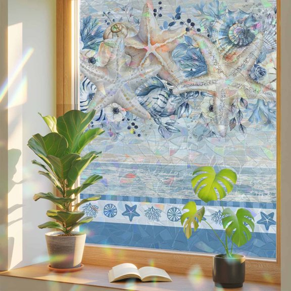 Sea Starfish Conch Wood Board Window Privacy Film, Rainbow Film Decorative Window Sticker 17.7x39.3in, Ocean Creature Eucalyptus Leaf Sun Blocking Static Stained Glass Cling Tint Non-Adhesive