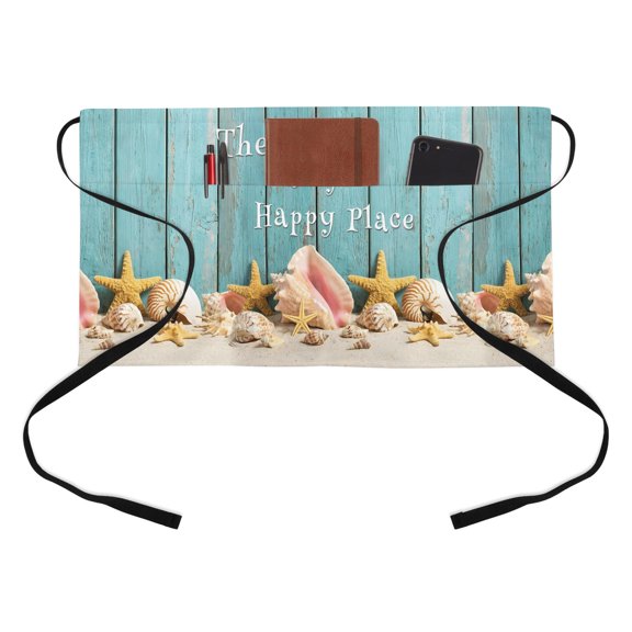 Sea Starfish Half Waist Apron Beach Happy Place Seashell Conch Blue Wood Grain Short Waiter Aprons with 3 Pockets for Women Men Kitchen Restaurant Cooking
