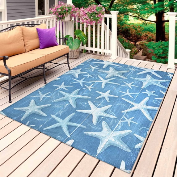 Sea Starfish Outdoor Rug 3x5 Ft, Non Slip Washable Area Rug, Watercolor Ocean Starfish Summer Blue Patio Rugs Carpet Runner, Large Floor Mat for Indoor/Outdoor Deck Porch Camping