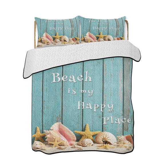 Sea Starfish Quilts Bedding Set California King Beach Happy Place Seashell Conch Blue Wood Grain Lightweight Quilted Bedspread 3 Piece Bed Quilt with 2 Pillow Shams All Season for Bedroom 96" x 106"
