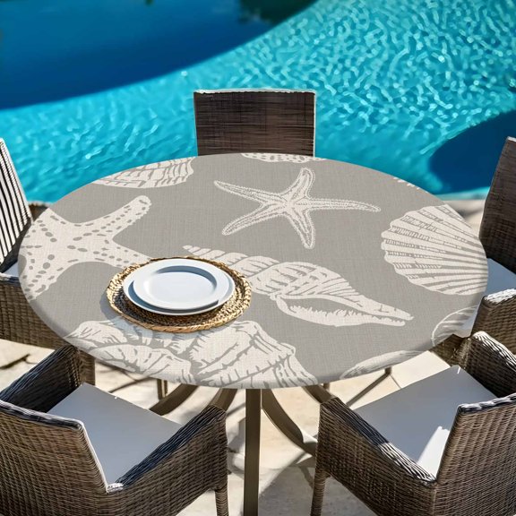 Sea Starfish Shell Conch on Gray Round Fitted Tablecloth with Elastic Edge,Waterproof Table Cloth Fits Tables Up to 45"-54",Washable Table Cover for Indoor Outdoor Dinning Party,Marine Creature Theme