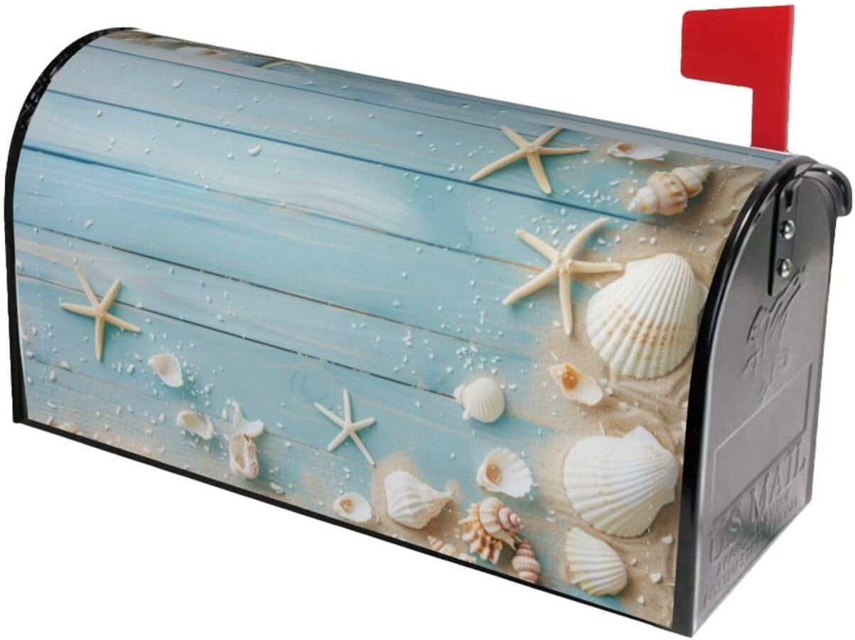 Sea Starfish Shell Mailbox Covers, Blue Magnetic Post Box Cover Wraps ...
