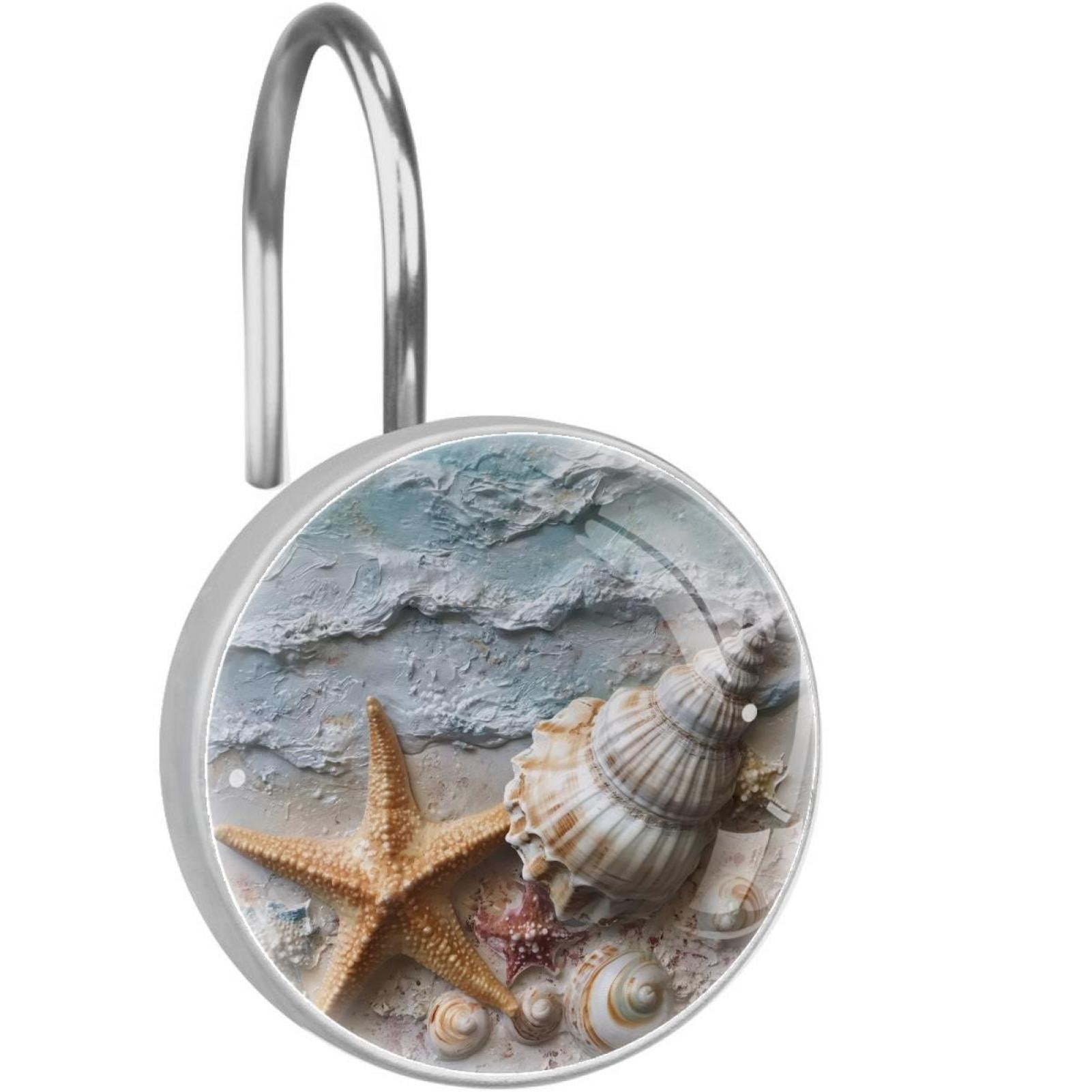 Sea Starfish Shells Painting Shower Curtain Hooks Round Crystal Glass, Set of 12 Shower Curtain Rings - Shower Hooks for Curtain Shower Rings