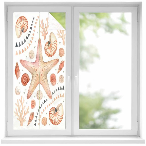 Sea Starfish Window Privacy Film, Nautical Ocean Marine Orange Nautilus Shell Coral Frosted Glass Window Clings Static Cling UV Heat Blocking Reusable Door Sticker for Bathroom 19.6 x 39.3 Inch
