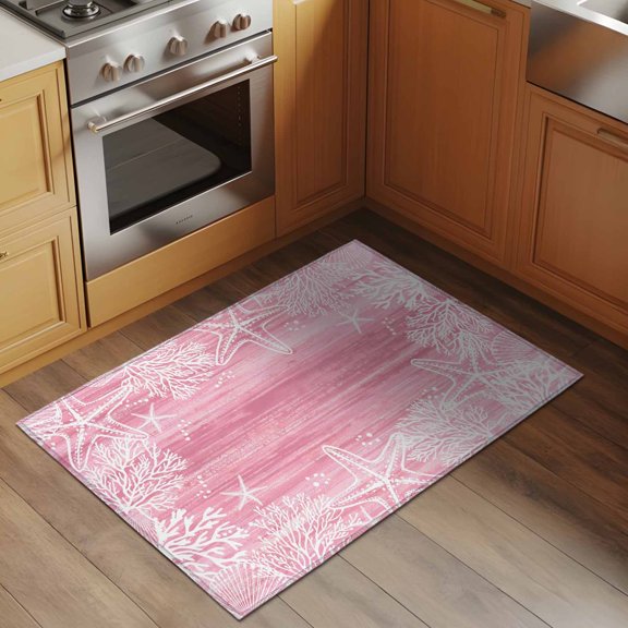 Sea Stars 2x3 Rug for Entryway Front Door Kitchen Sink Area, Summer Beach Sea Star Coral Pink Texture Low Pile Washable Non Slip Rectangle Area Rug