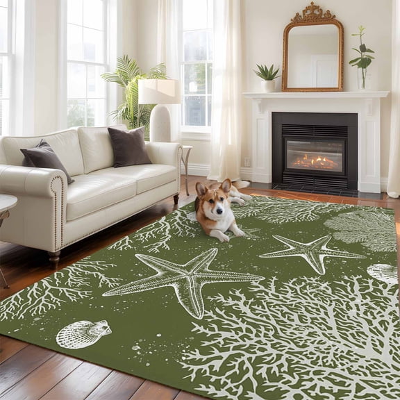 Sea Stars 5x8 Rug for Bedroom Under Queen Bed Placement, Retro Corals Shells Sea Stars Sage Green Washable Non Slip Large Rectangle Area Rug