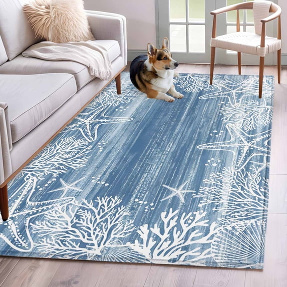 Sea Stars Area Rugs 4x6 ft Summer Beach Sea Star Coral Light Blue Texture Washable Rug Non Slip Indoor Carpet Absorbent Floor Mat for Living Room Bedroom Dining Room