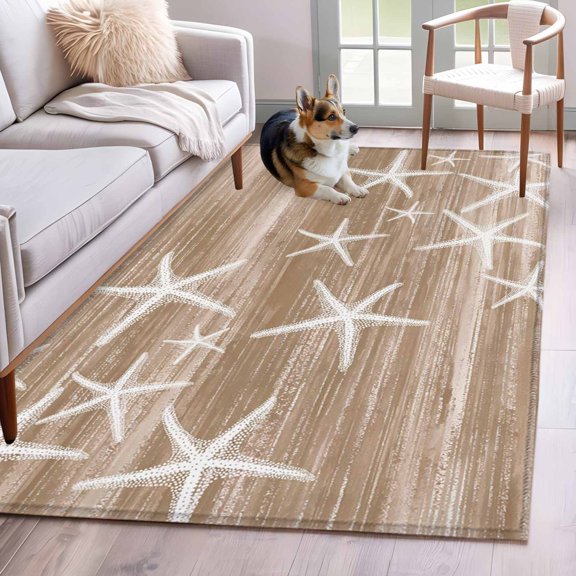 Sea Stars Area Rugs 4x6 ft Summer Beach Sea Stars Brown Texture Washable Rug Non Slip Indoor Carpet Absorbent Floor Mat for Living Room Bedroom Dining Room