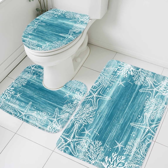 Sea Stars Bathroom Rugs Set Summer Beach Sea Star Coral Teal Texture Non Slip Absorbent Soft Bath Mats 3 Piece Set with Bathroom Rug, U-Shaped Floor Mat, Toilet Seat Cover Large Size